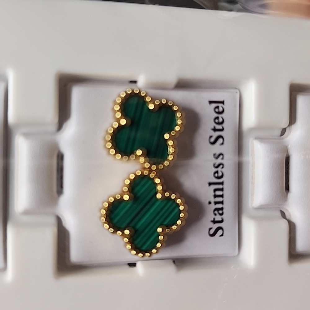 Gold and Green Stainless Steel Clover Earrings